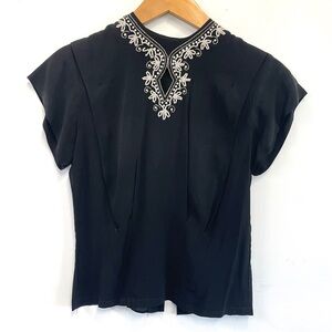 Elegant black 1940's vintage top - keyhole neckline w/rhinestones and beads